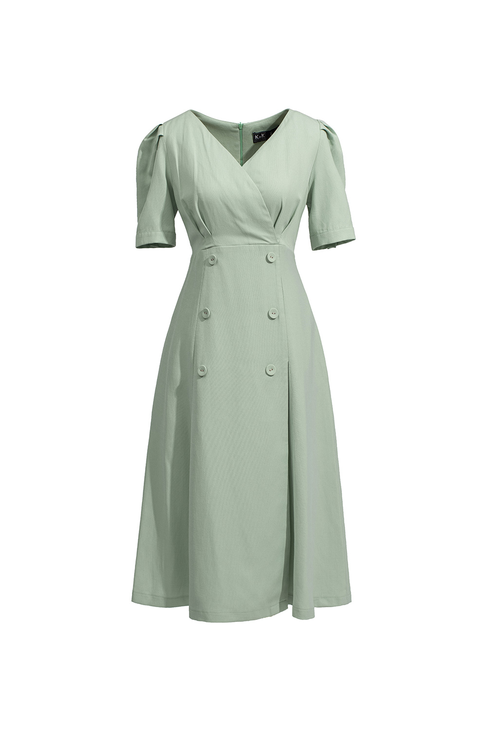 Đầm xanh xòe phối nút cổ chữ V tay ngắn