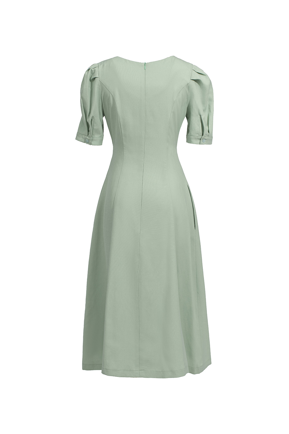 Đầm xanh xòe phối nút cổ chữ V tay ngắn