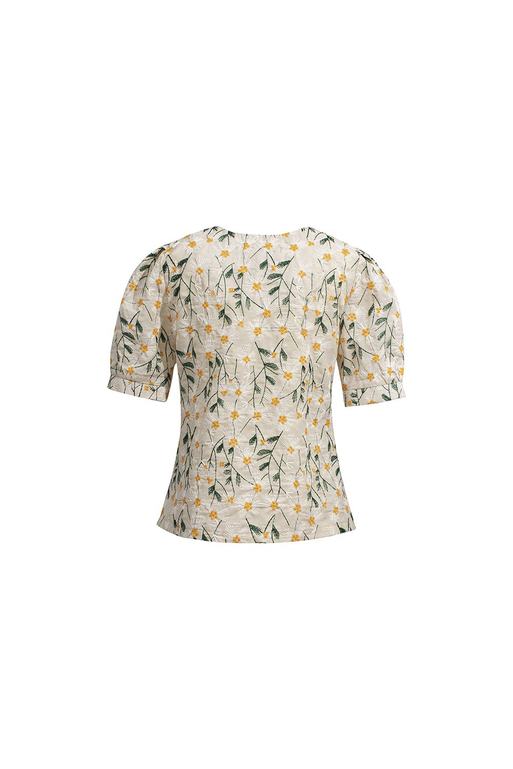 Áo kiểu họa tiết hoa tay phồng cổ chữ V