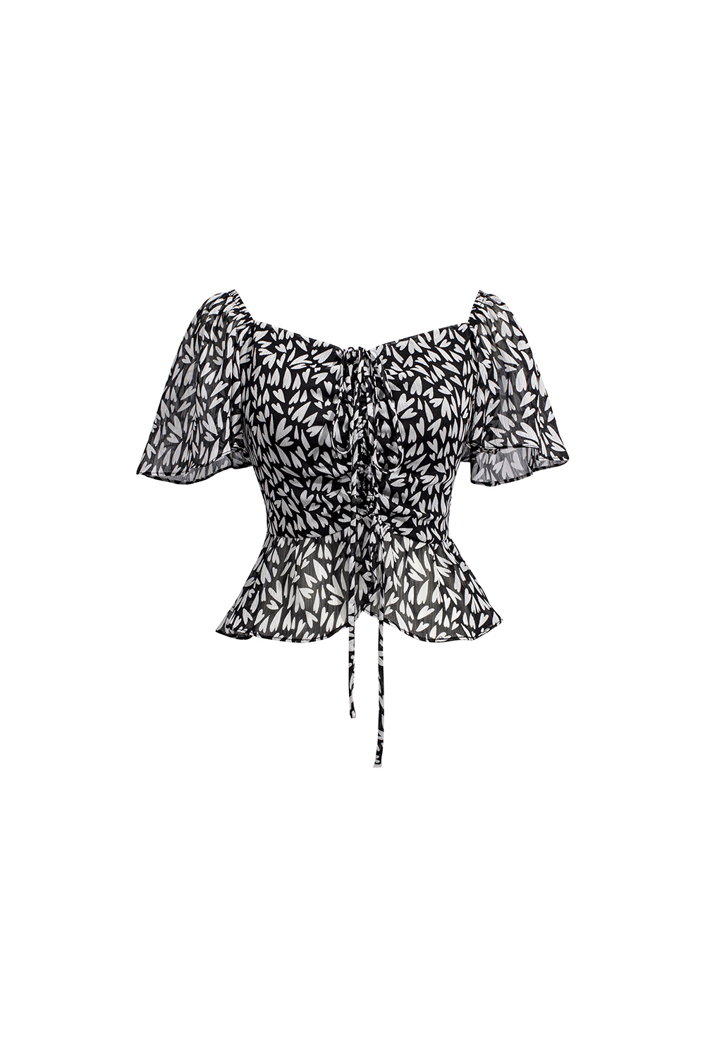 Áo kiểu họa tiết tay cánh tiên cổ phối nơ