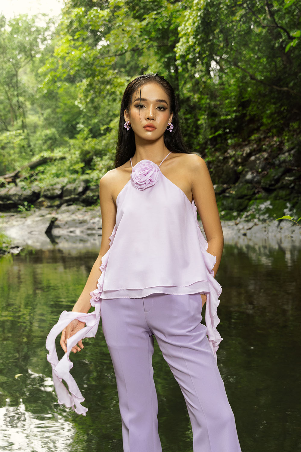 Áo kiểu nữ cổ yếm màu tím phối bèo ASM14-08