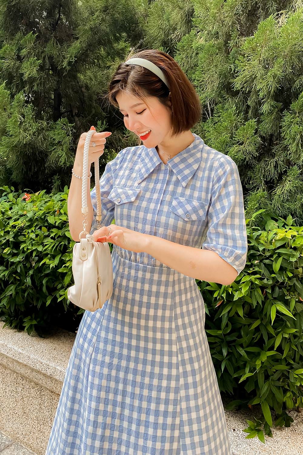 Đầm caro gingham tay lửng dáng xòe cổ sơ mi