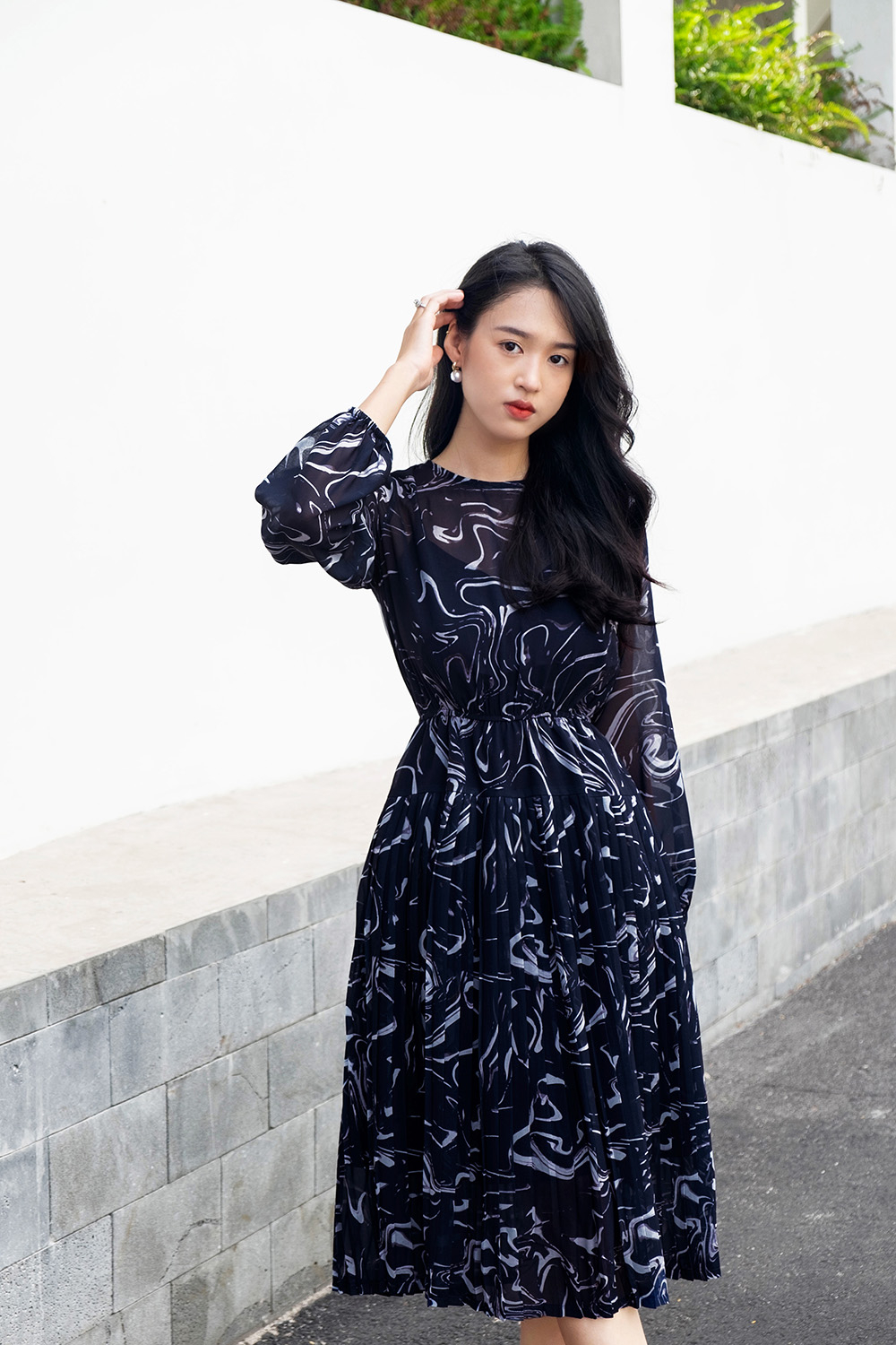 Đầm công sở dáng xòe họa tiết tay dài