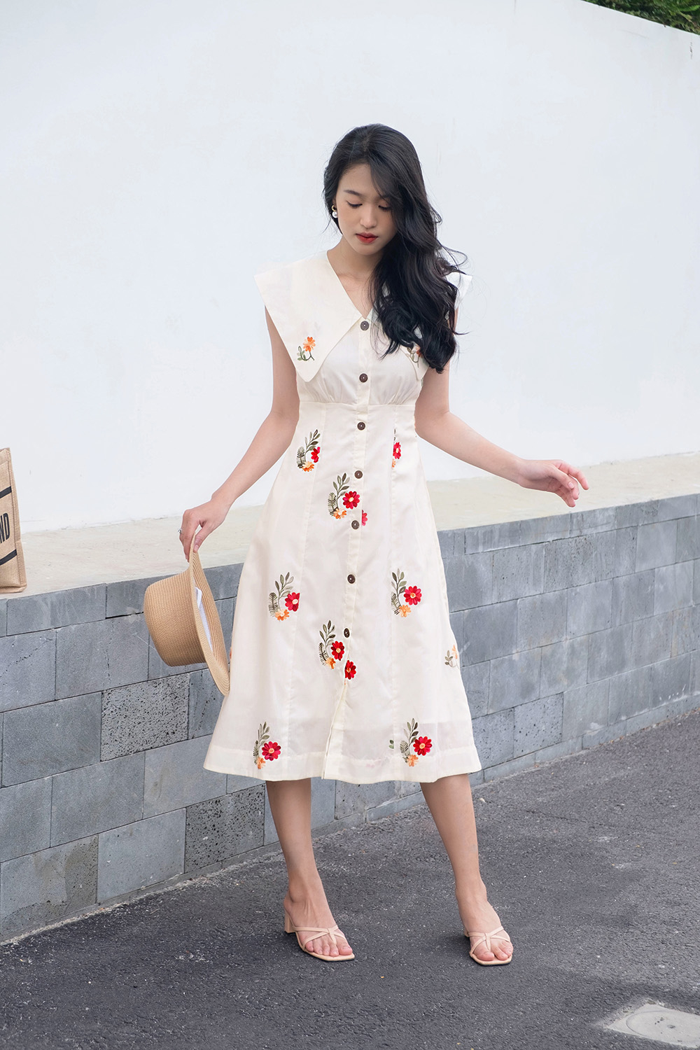 Đầm chữ a họa tiết hoa cổ sen