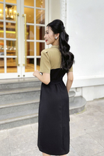 Đầm đen phối màu cổ vest ôm body kèm thắt lưng