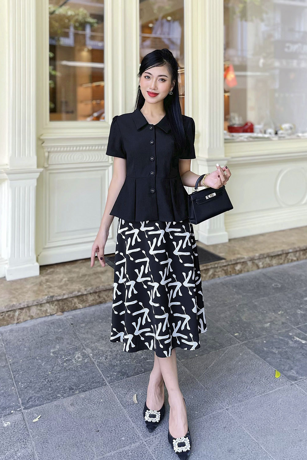 Chân váy đen công sở họa tiết dáng chữ A CV05-25 | Thời trang công sở K&K  Fashion