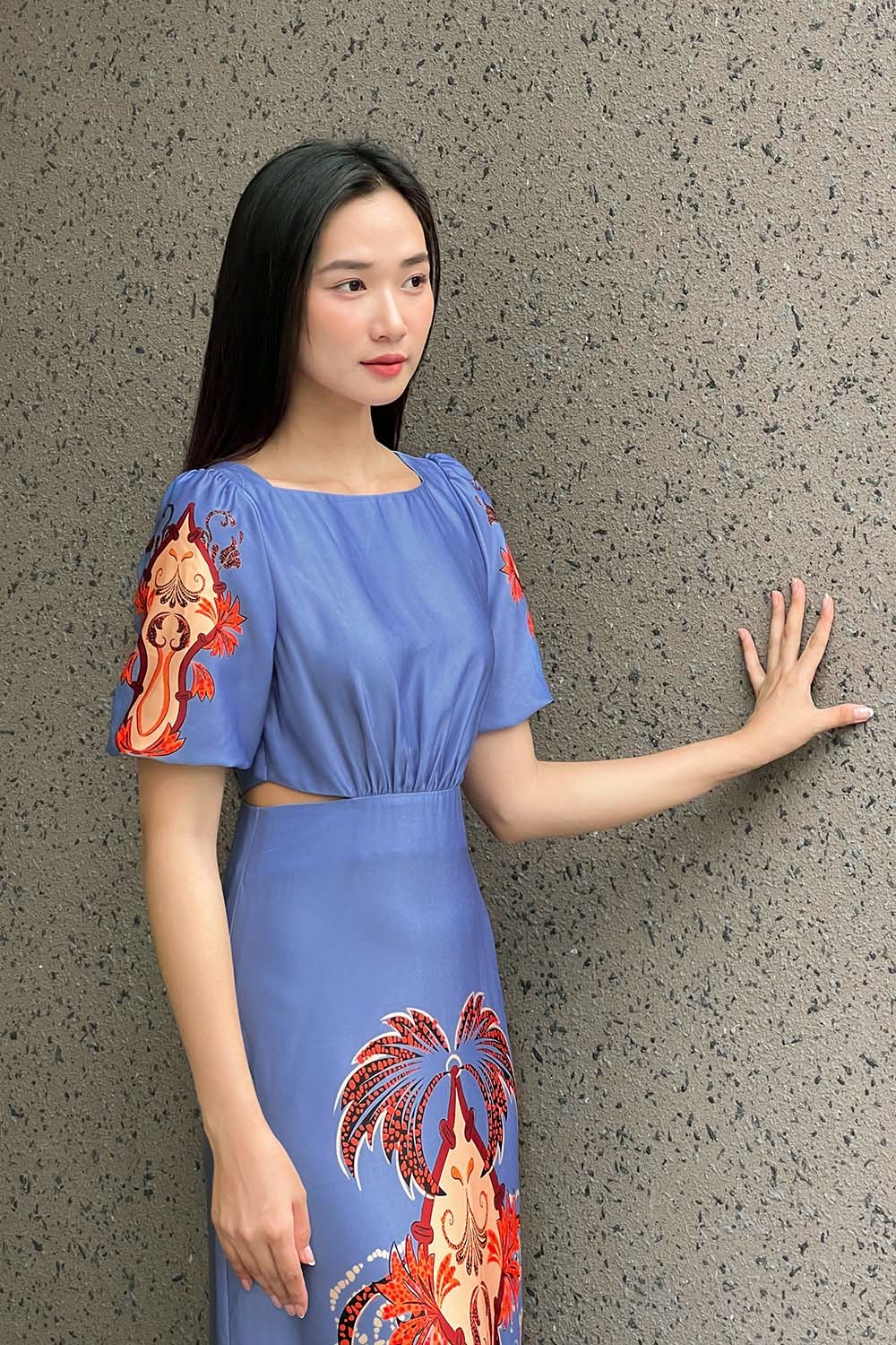 Đầm chữ a họa tiết eo cut-out