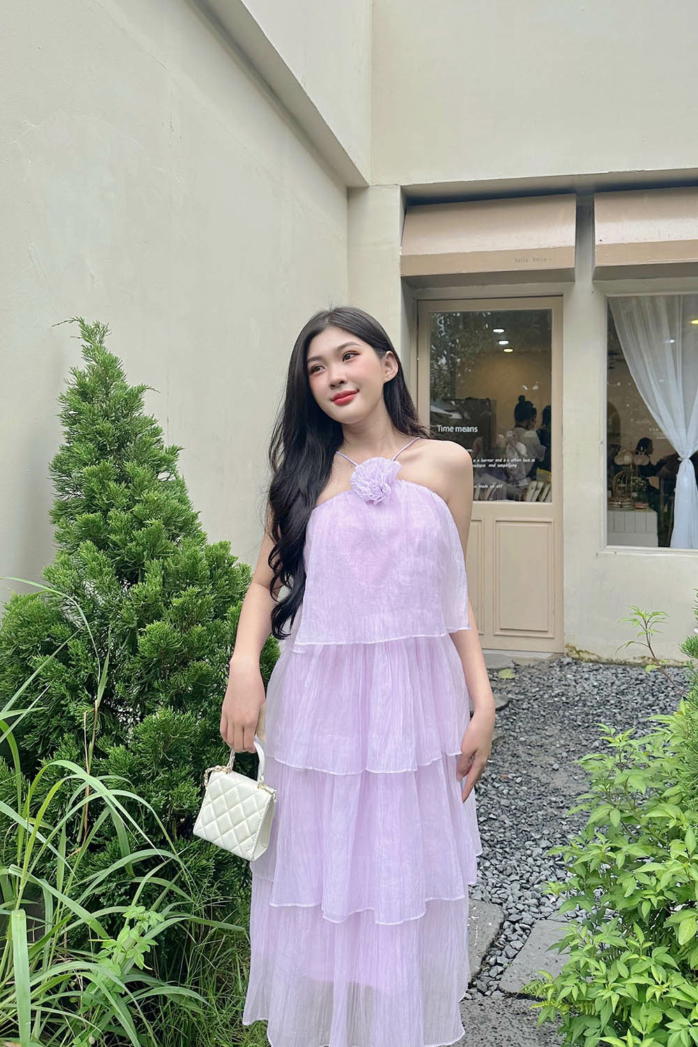 Đầm xòe dự tiệc dễ thương nhiều tầng hai dây phối hoa HL24-26