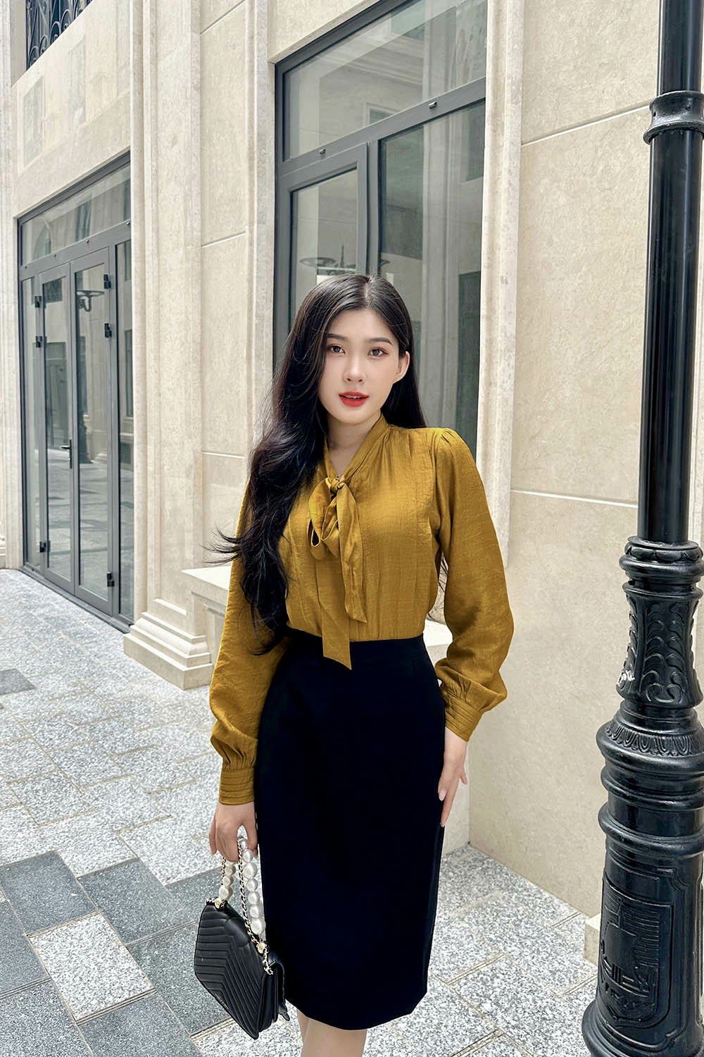 Áo sơ mi nữ công sở cổ phối nơ tay dài