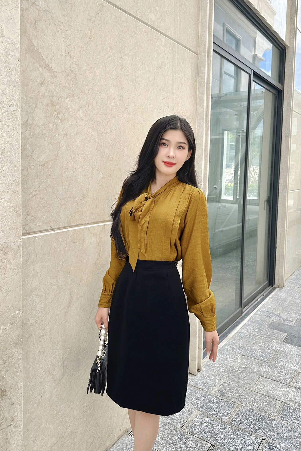 Áo sơ mi nữ công sở cổ phối nơ tay dài