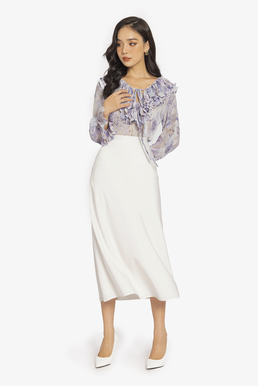 Áo voan kiểu công sở cổ bèo tay dài