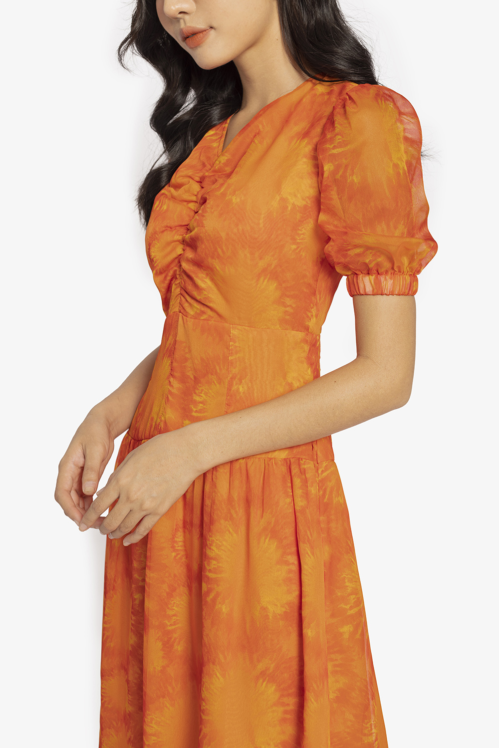 Đầm voan hoa dáng xòe hạ eo