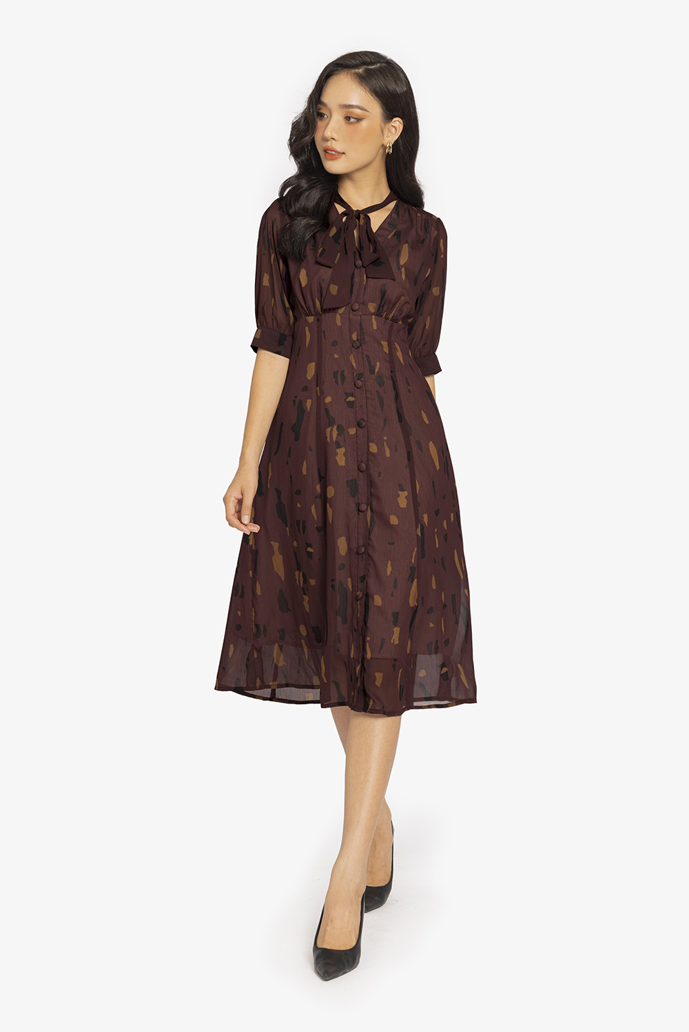 Đầm công sở dáng xòe cổ phối nơ