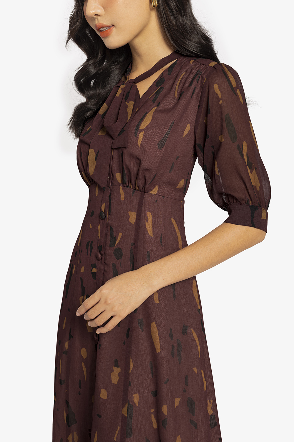 Đầm công sở dáng xòe cổ phối nơ