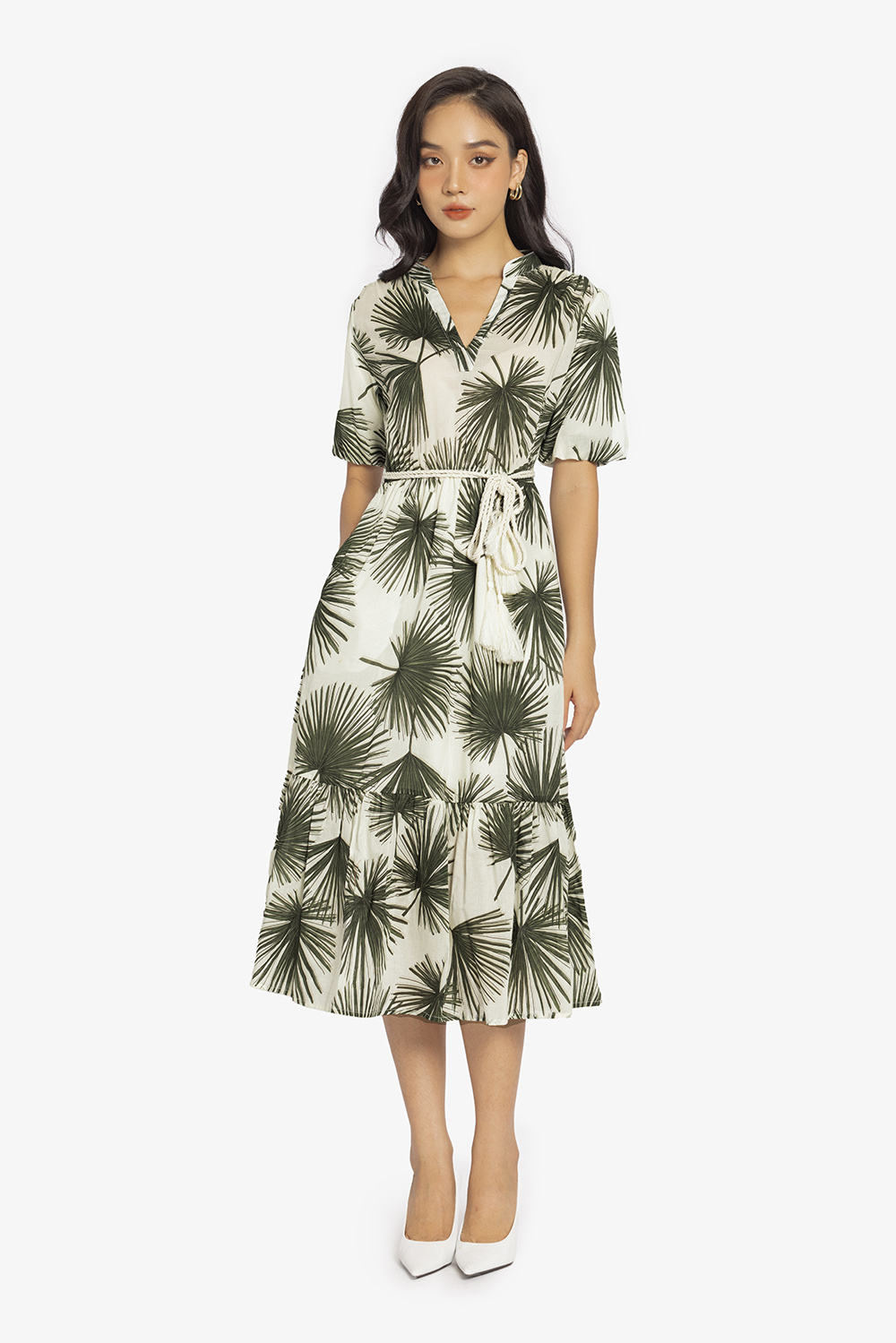 Đầm công sở cổ V dáng xòe đuôi cá