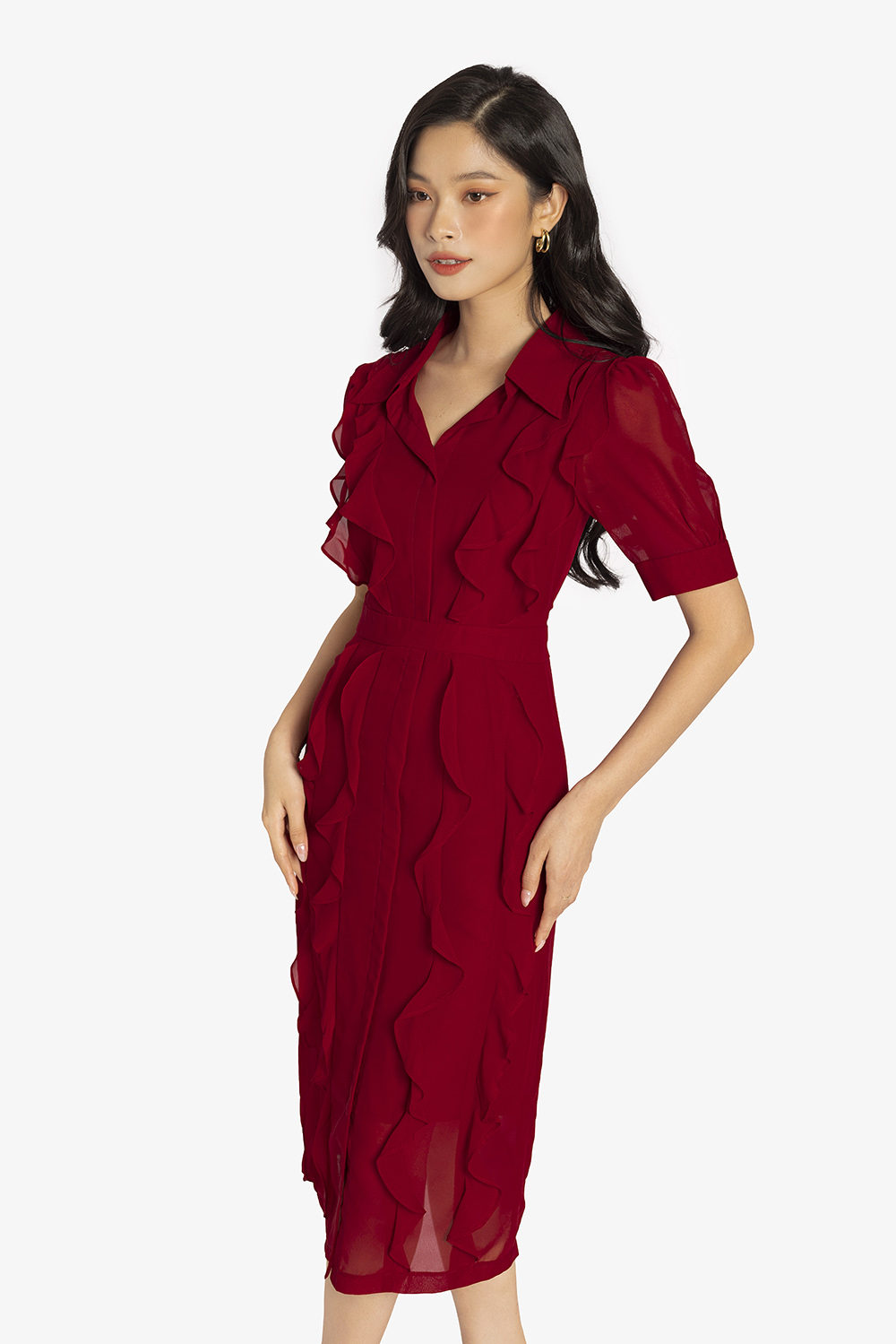 Đầm dự tiệc cổ sơ mi phối tua rua KK161-13