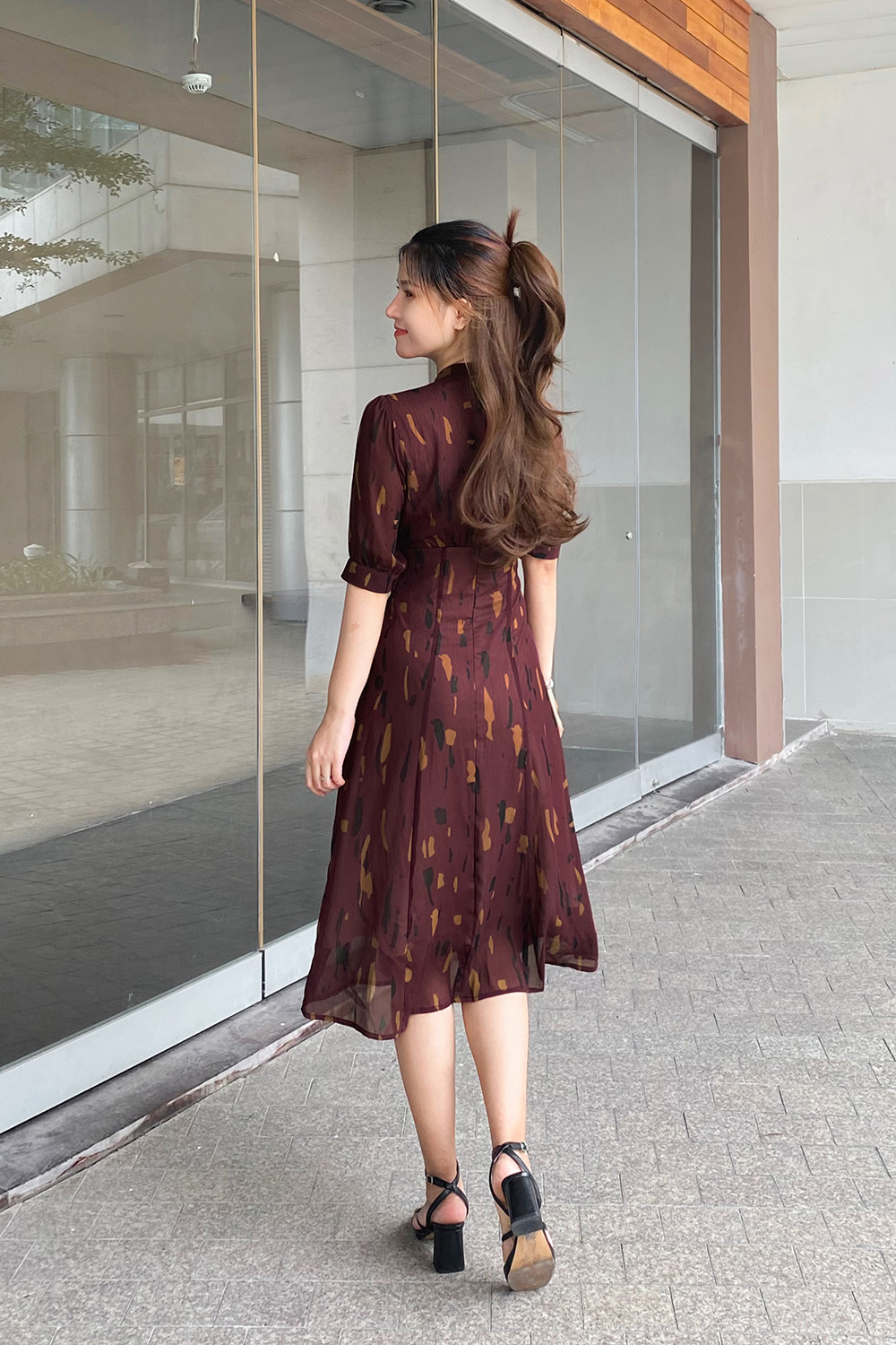 Đầm công sở dáng xòe cổ phối nơ