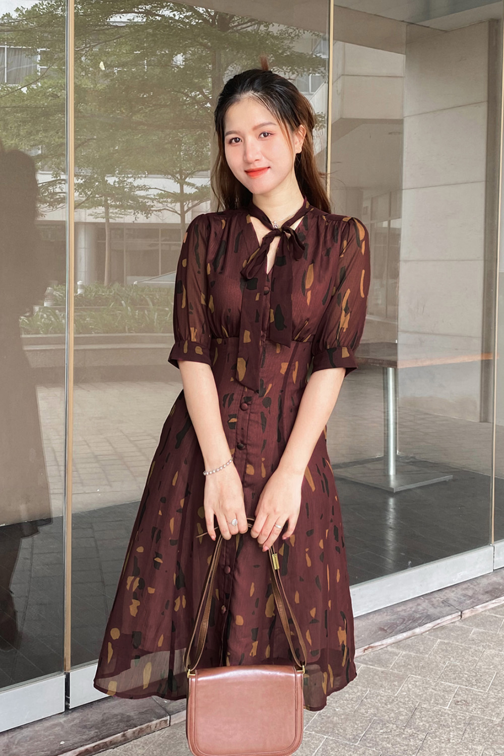 Đầm công sở trung niên dáng xòe cổ phối nơ KK160-20