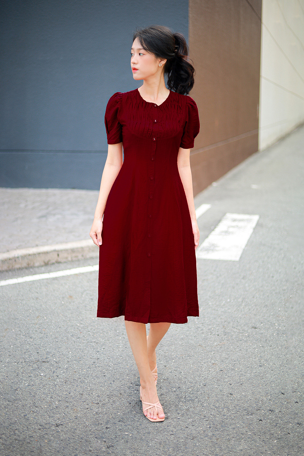 Đầm công sở cổ tròn màu đỏ KK161-19
