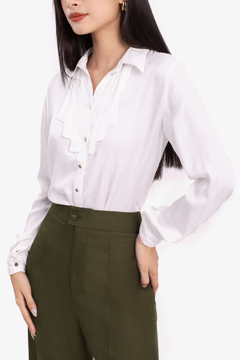 Áo sơ mi trắng nữ tay dài xếp ly cổ