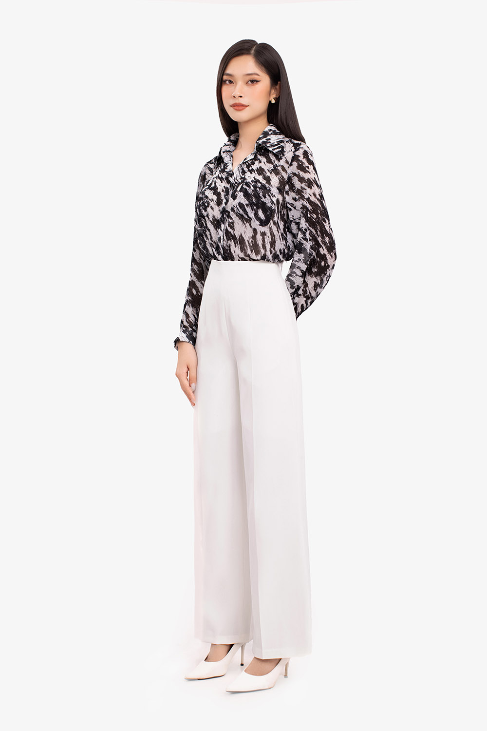 Áo sơ mi chiffon nữ tay dài hoạ tiết trắng đen ASM13-28