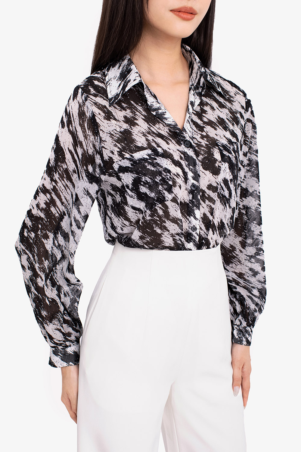 Áo sơ mi chiffon nữ tay dài hoạ tiết trắng đen