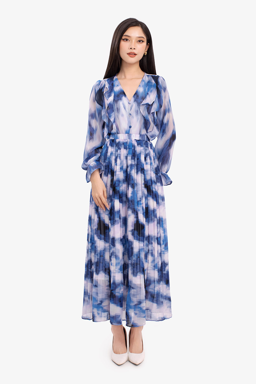 Chân váy midi xếp ly họa tiết loang màu