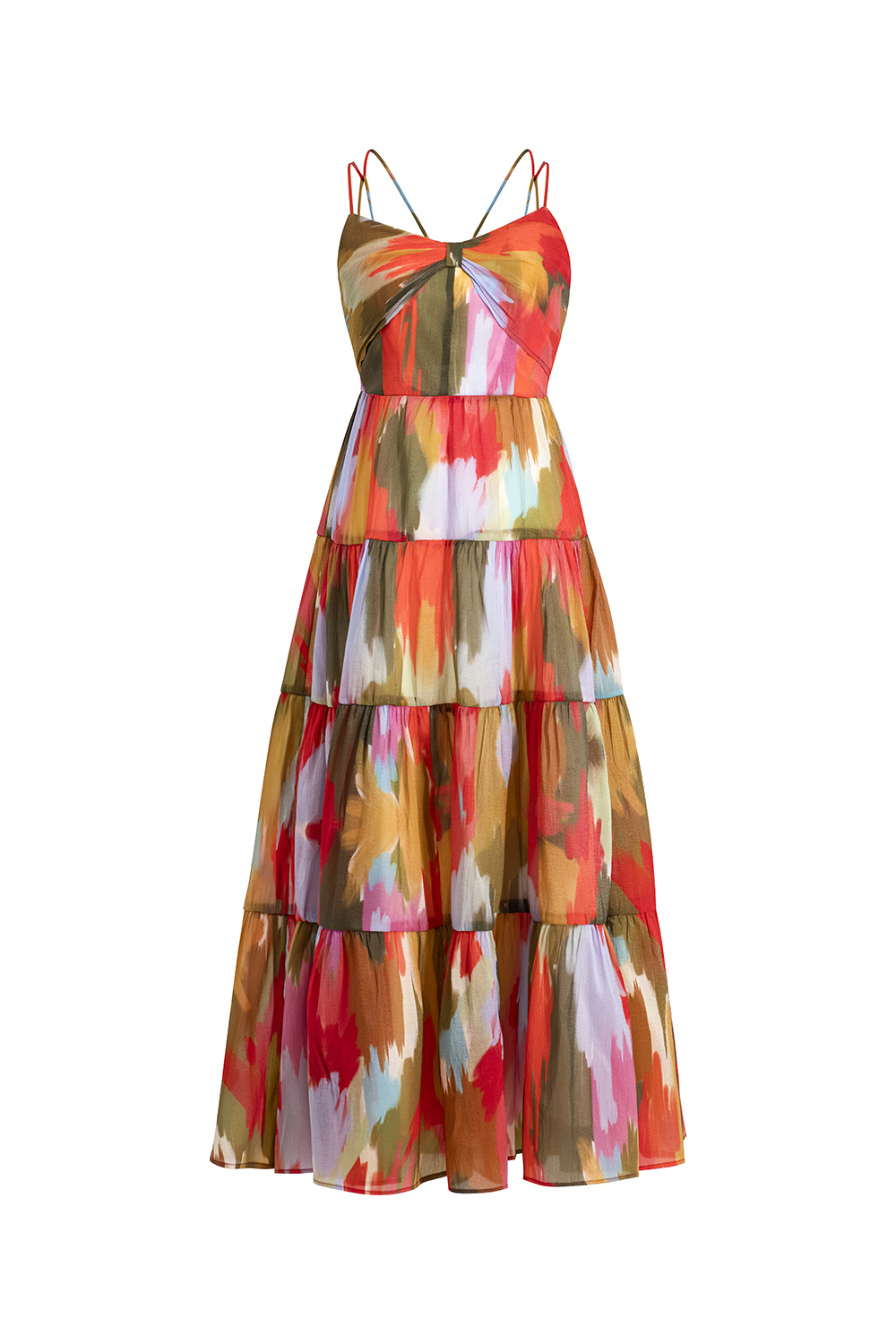 Đầm hai dây dáng dài xếp tầng họa tiết loang màu