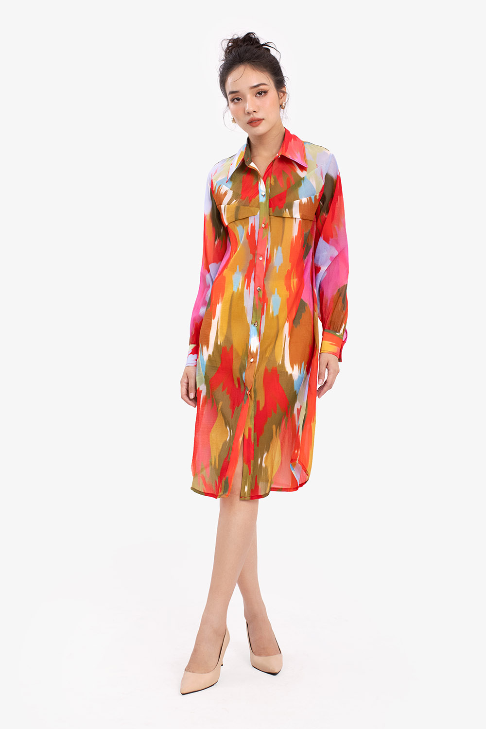 Đầm sơ mi dáng suông tay dài