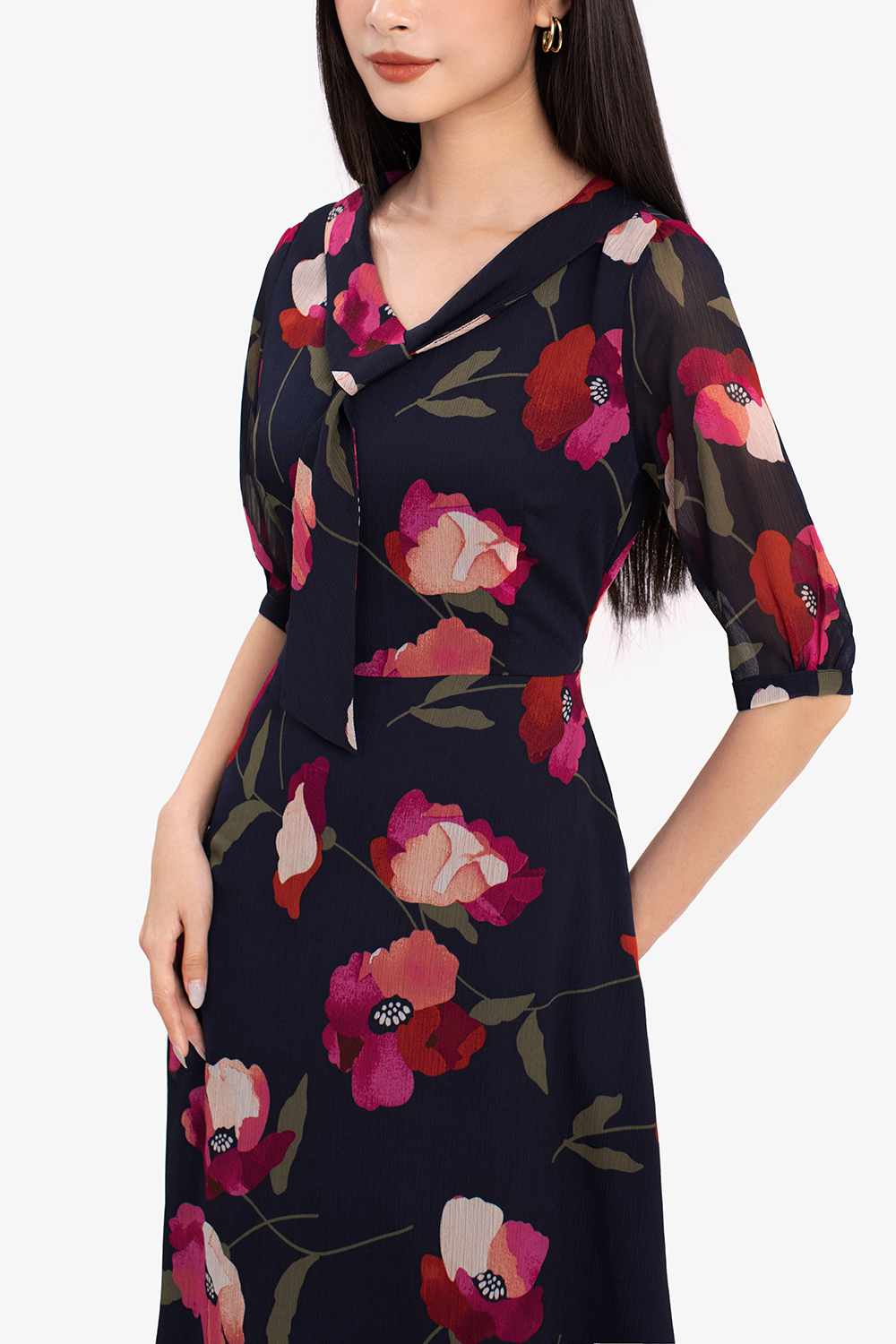 Đầm voan hoa công sở dáng xòe chữ a