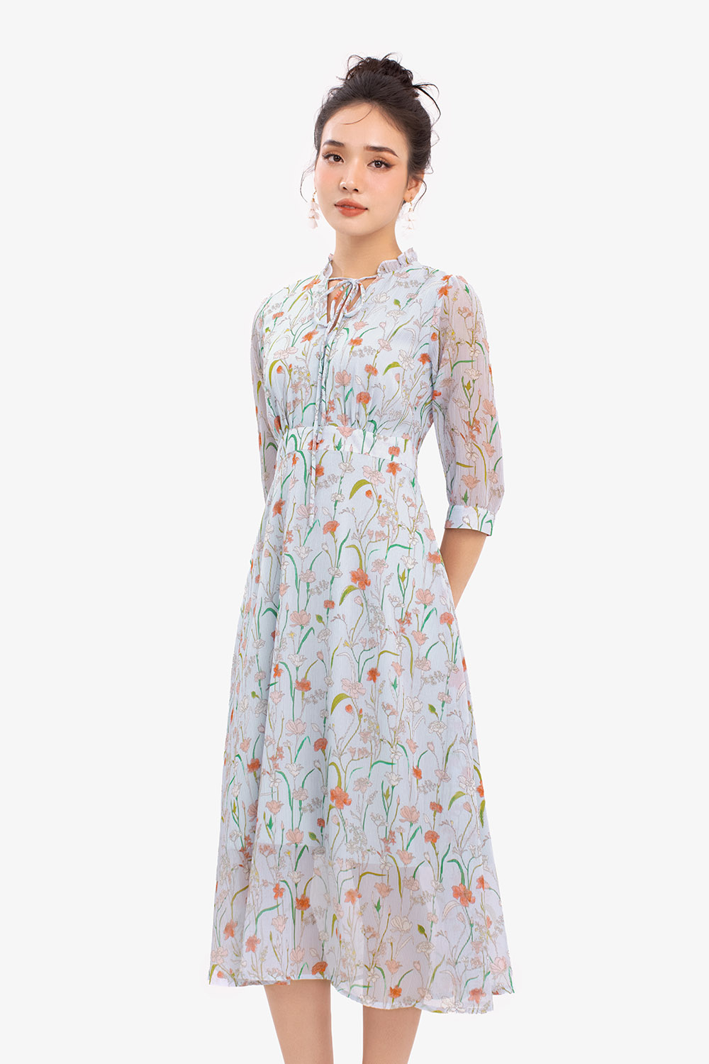 Đầm voan hoa nơ cổ dáng chữ A