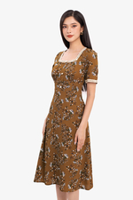 Đầm hoa công sở dáng xòe nhấn eo cao