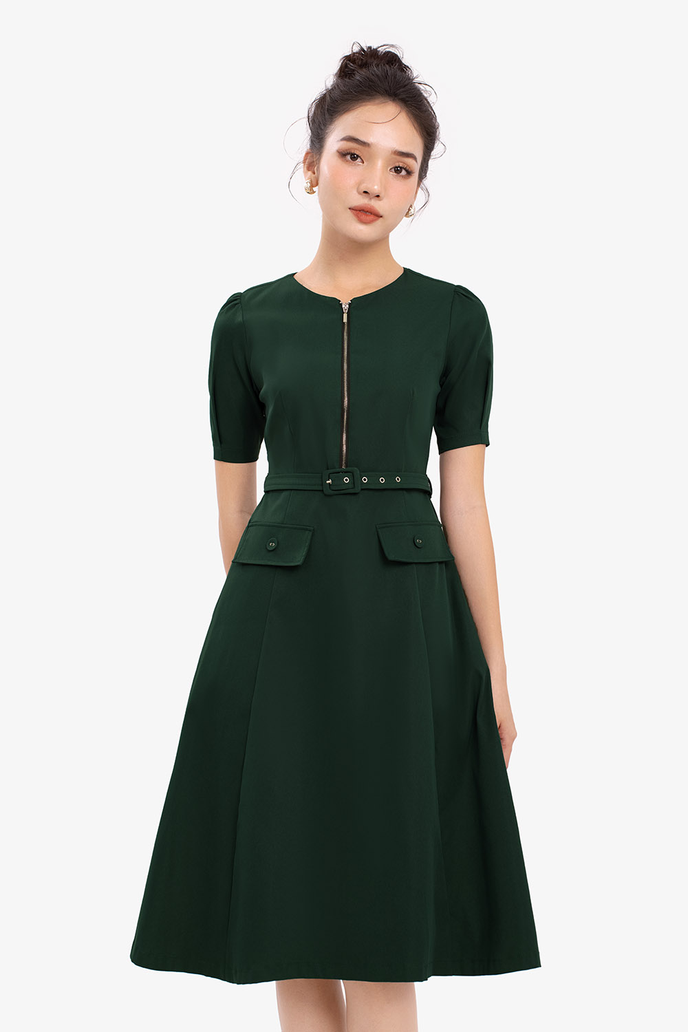 Đầm liền công sở dáng xòe kèm đai eo