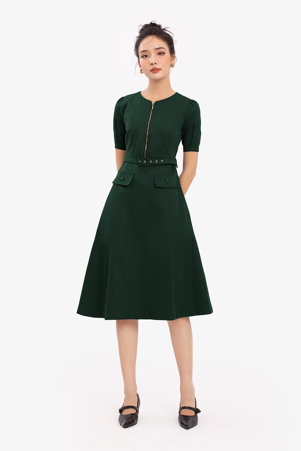 Đầm liền công sở dáng xòe kèm đai eo