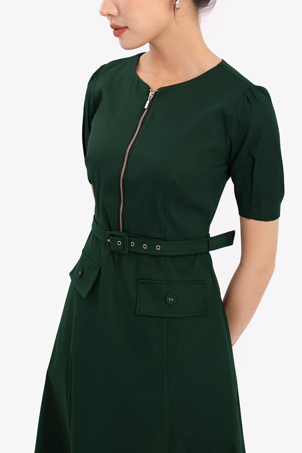 Đầm liền công sở dáng xòe kèm đai eo