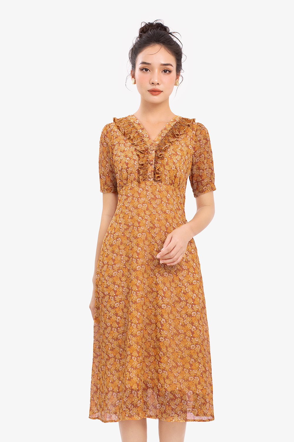 Đầm voan hoa công sở dáng xòe chữ a cổ bèo