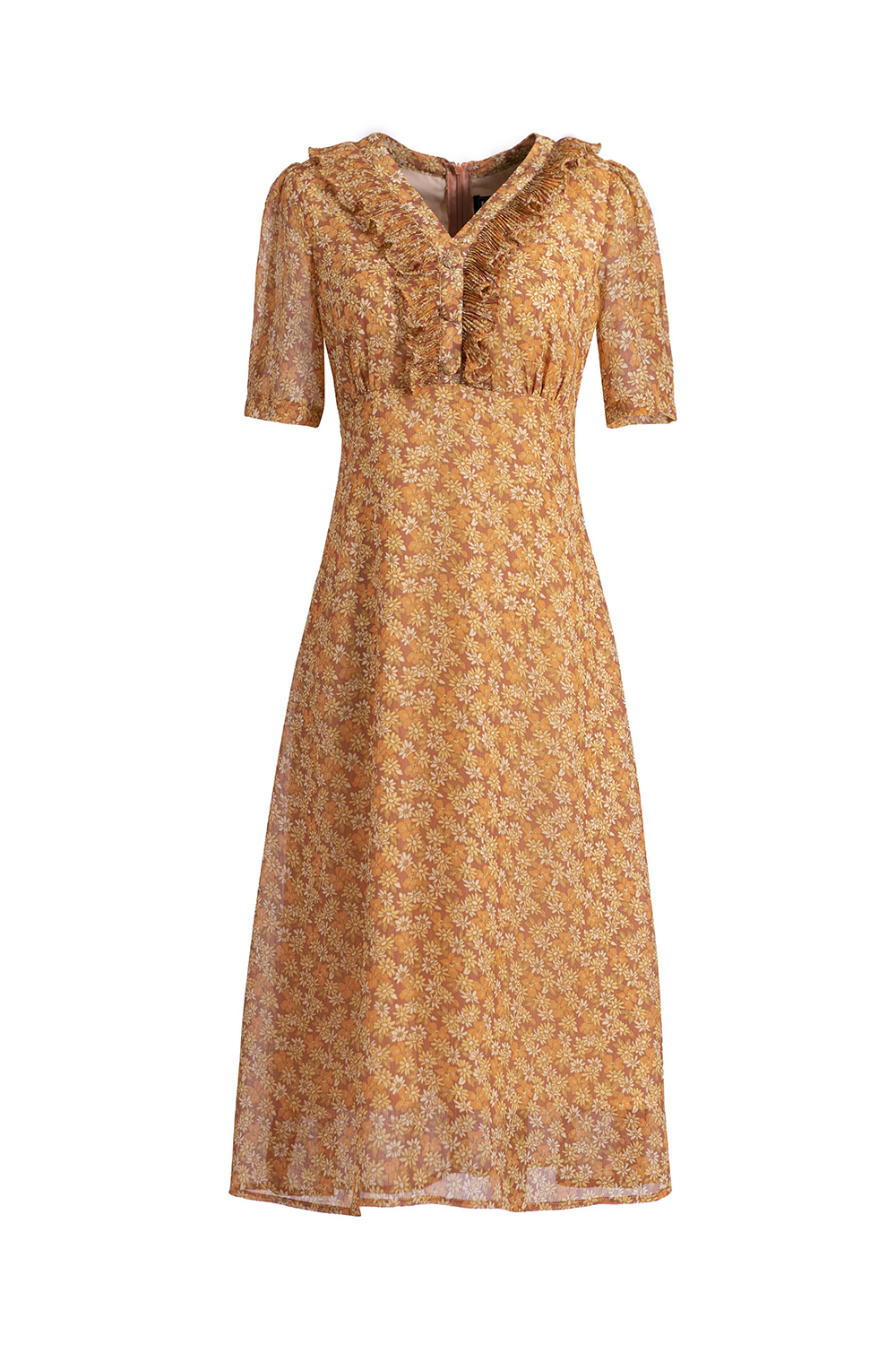 Đầm voan hoa công sở dáng xòe chữ a cổ bèo