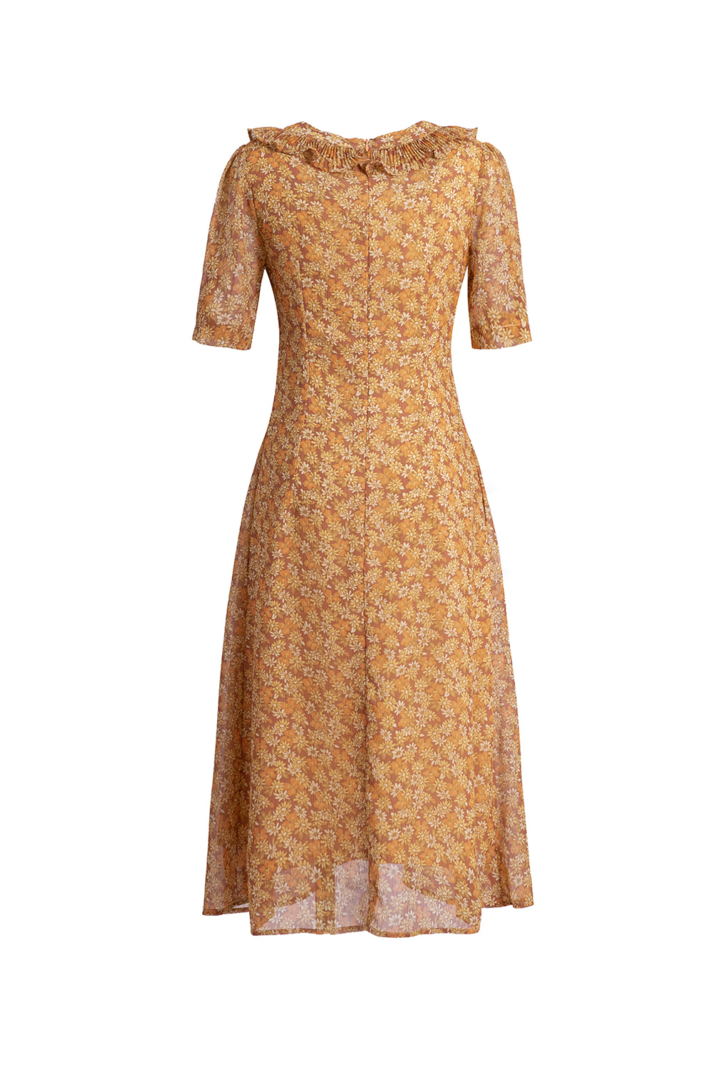 Đầm voan hoa công sở dáng xòe chữ a cổ bèo