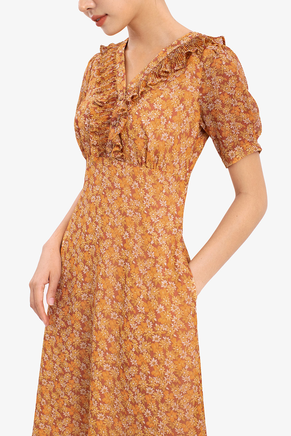 Đầm voan hoa công sở dáng xòe chữ a cổ bèo