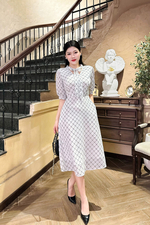 Đầm chữ a công sở màu trắng cổ phối nơ