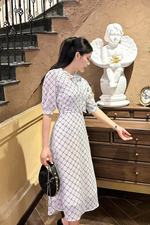 Đầm chữ a công sở màu trắng cổ phối nơ