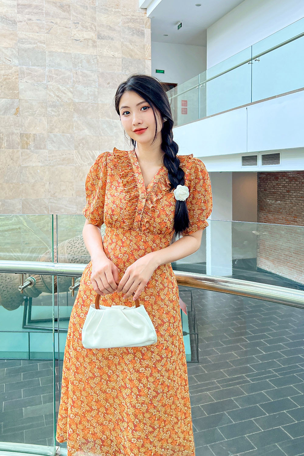 Đầm voan hoa công sở dáng xòe chữ a cổ bèo