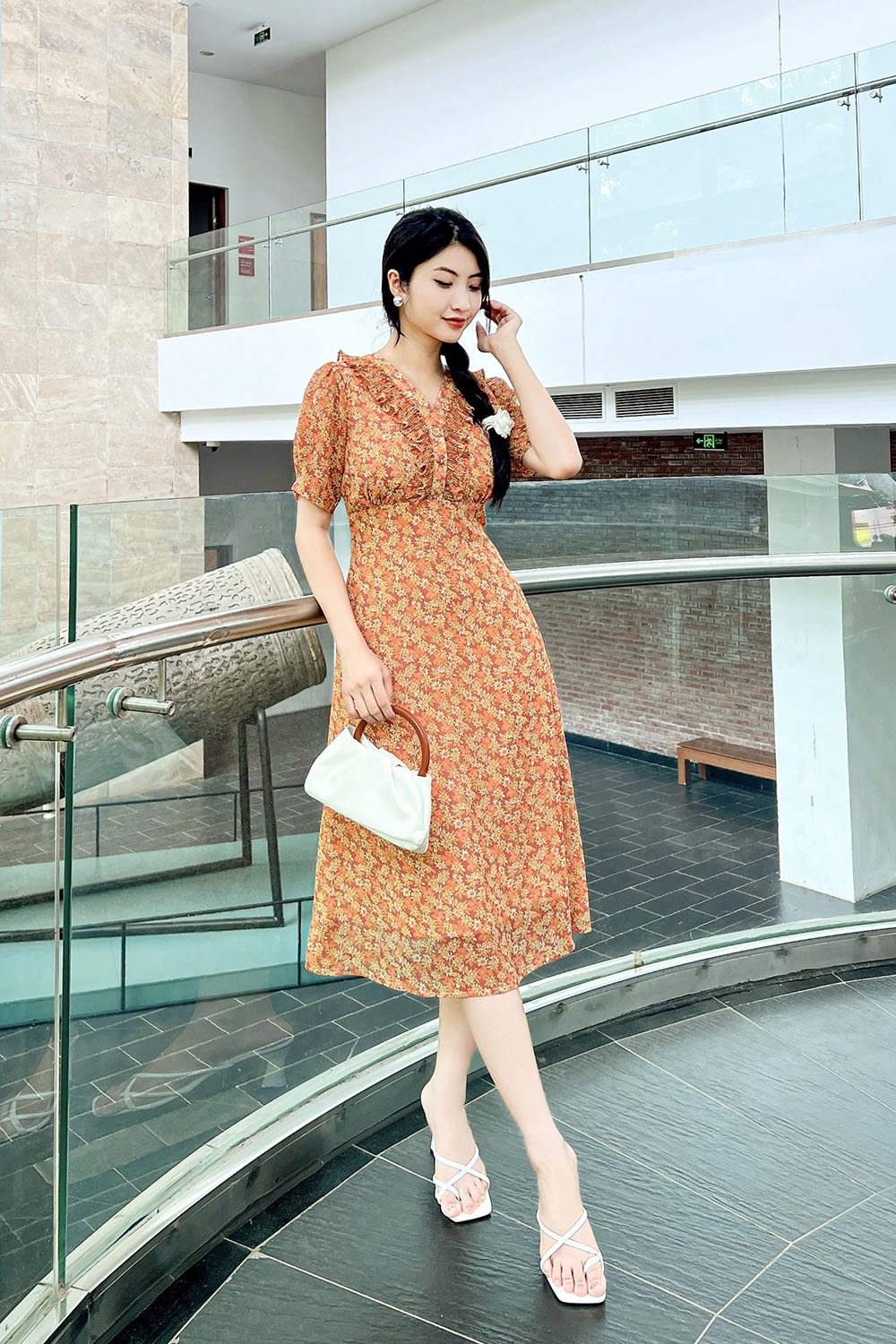 Đầm voan hoa công sở dáng xòe chữ a cổ bèo