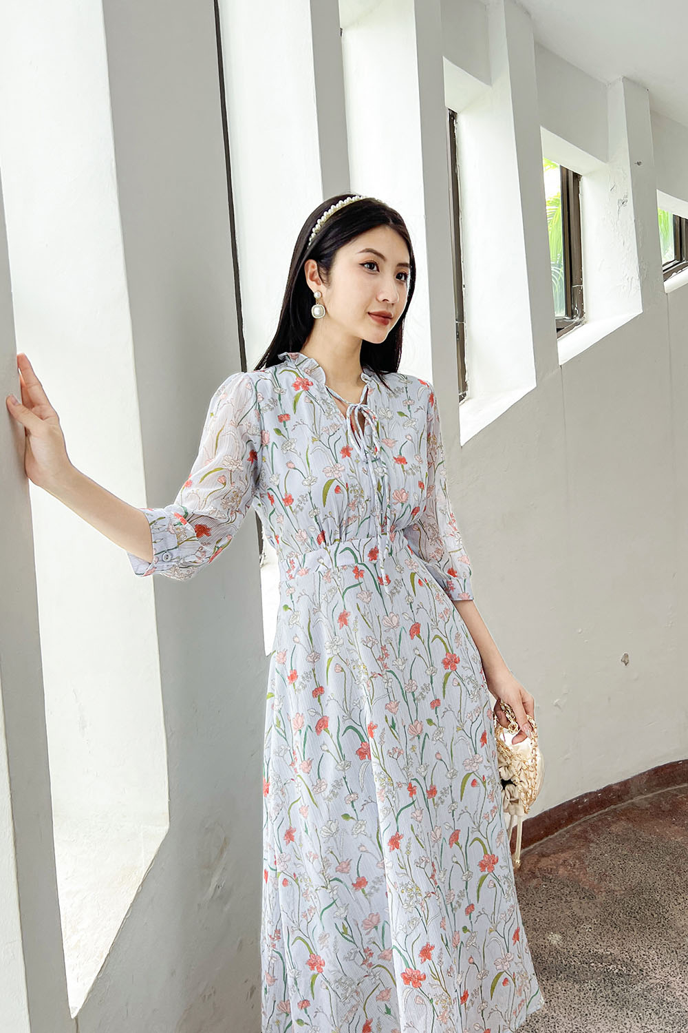 Đầm voan hoa nơ cổ dáng chữ A