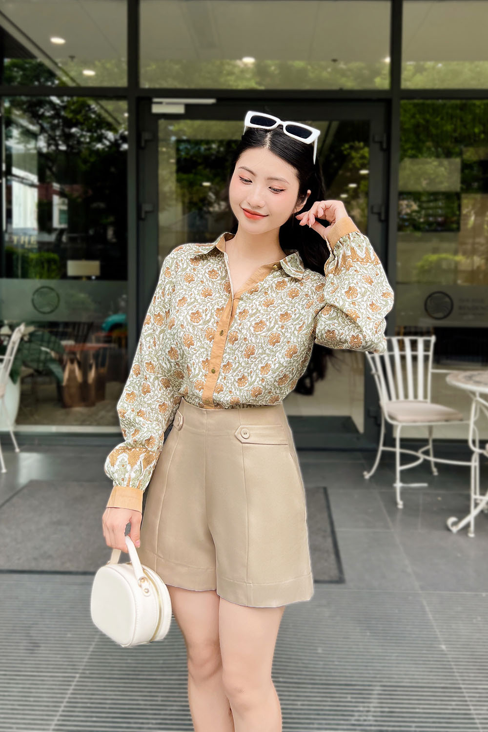 Áo sơ mi công sở nữ hoạ tiết hoa nâu