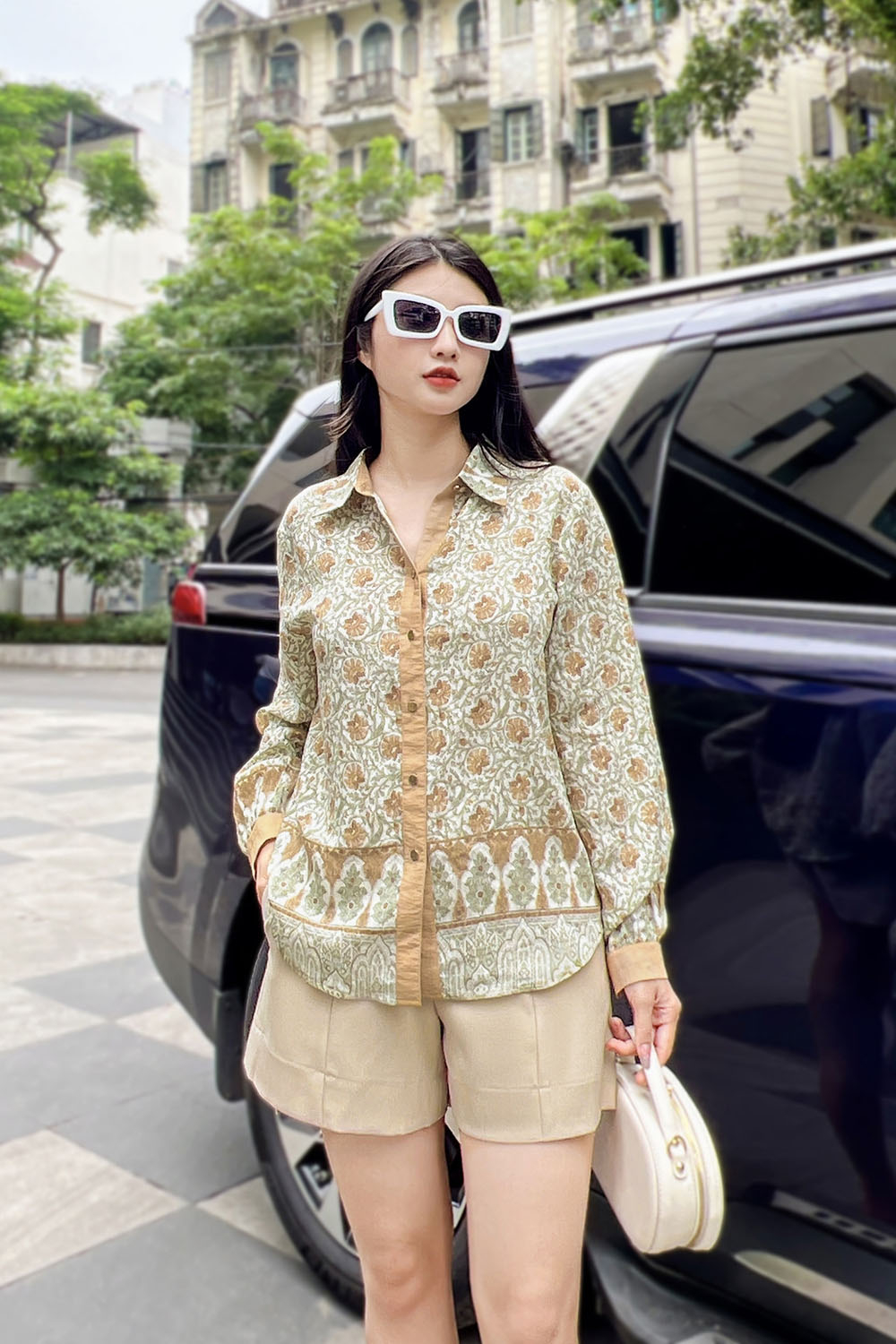 Áo sơ mi công sở nữ hoạ tiết hoa nâu