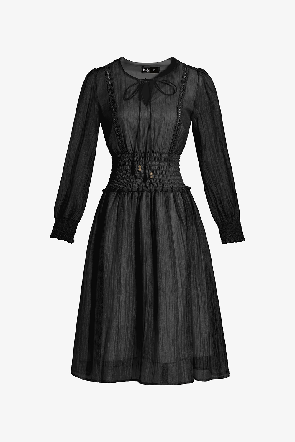 Đầm đen dáng xòe tay dài cổ phối nơ