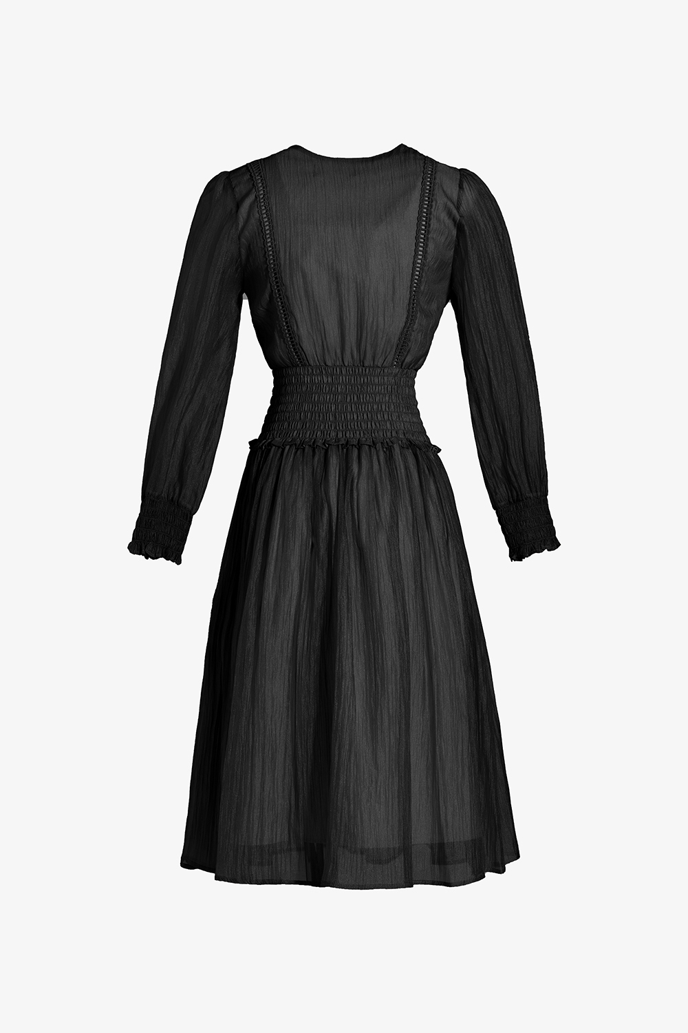 Đầm đen dáng xòe tay dài cổ phối nơ