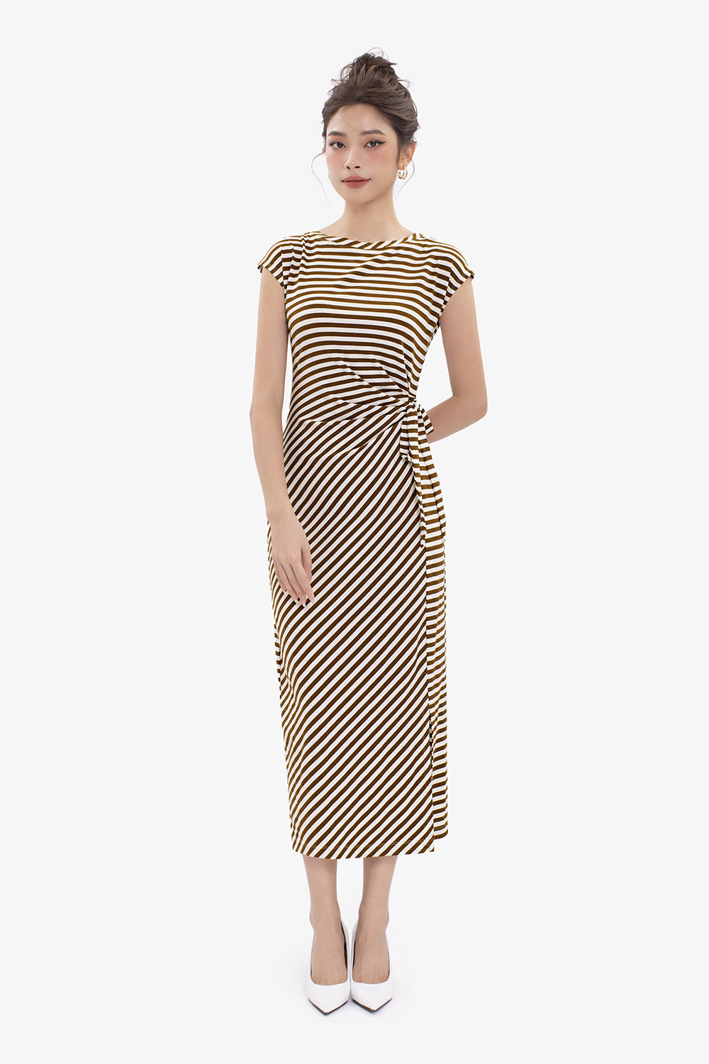 Đầm thun ôm kẻ sọc tay chờm thắt nơ eo