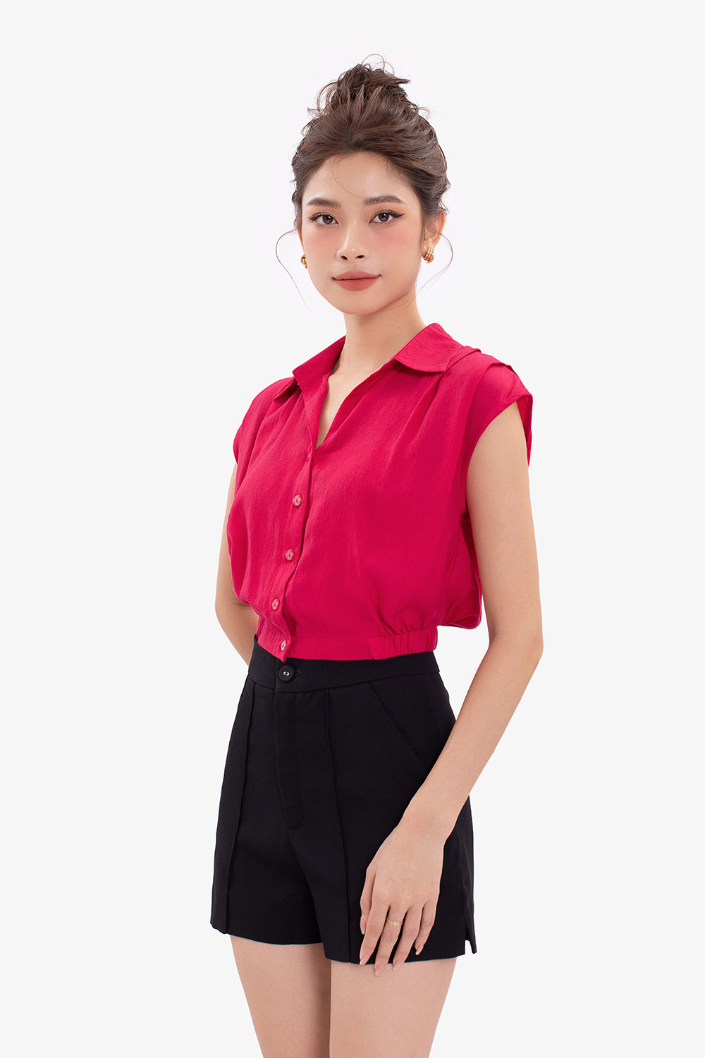 Áo kiểu nữ màu hồng cổ sơ mi dáng croptop